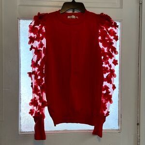 Vine & Love Women’s Red Long Sheer Sleeve with Flower Applique Pullover Top M